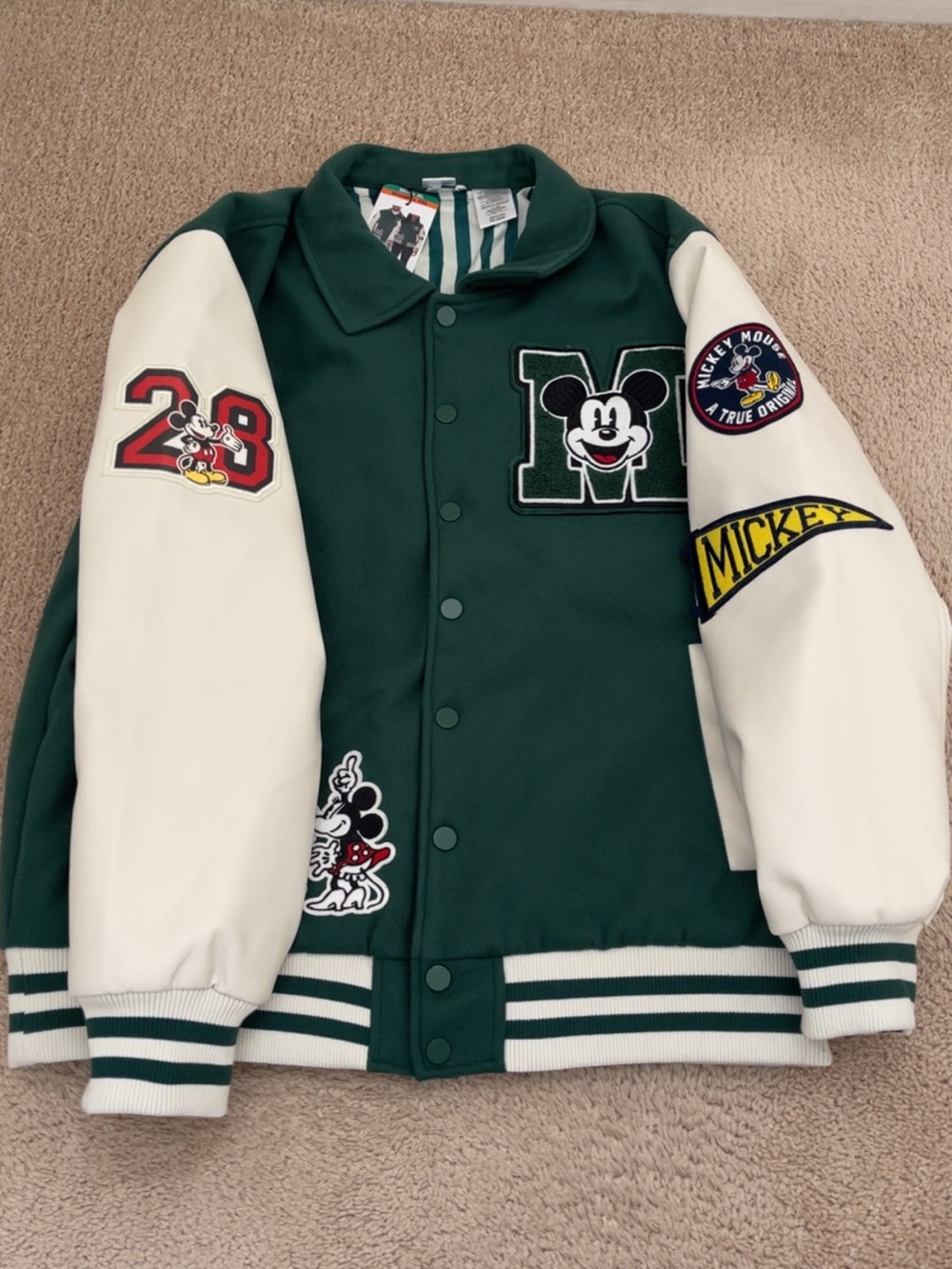Disney Green and White Mickey Varsity Bomber Jacket ( UNISEX ) Size XL